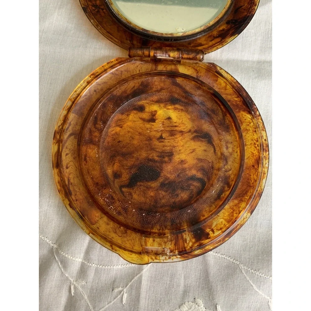 Lucite Mirrored Compact Case Vtg Mavco Rhinestone Hand-painted Floral Tortoise